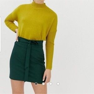 Asos Design Size 4 Tailored Mini Skirt With Obi Tie Waist Army Green Zip Fly